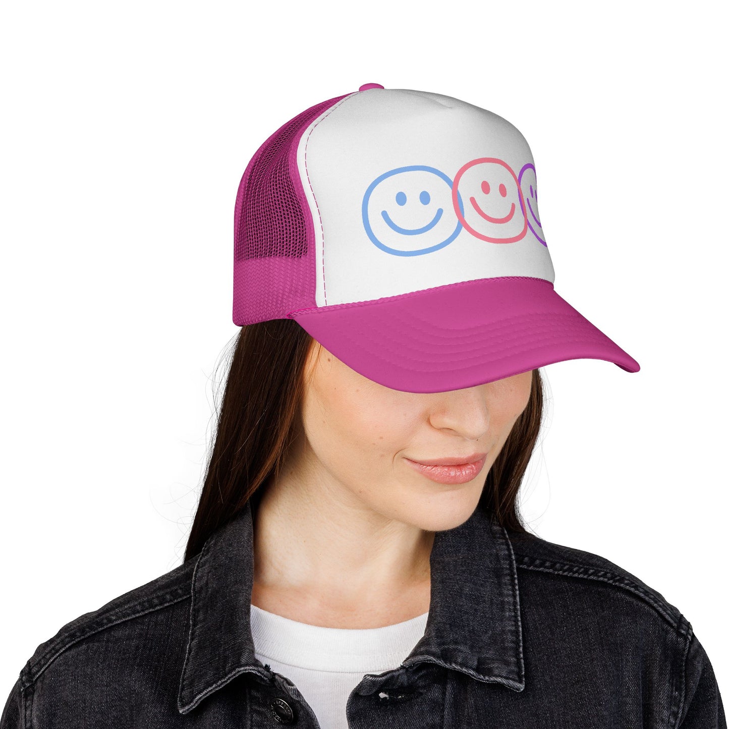 Pastel Smiley Trio Trucker Cap | Retro Happy Face Hat