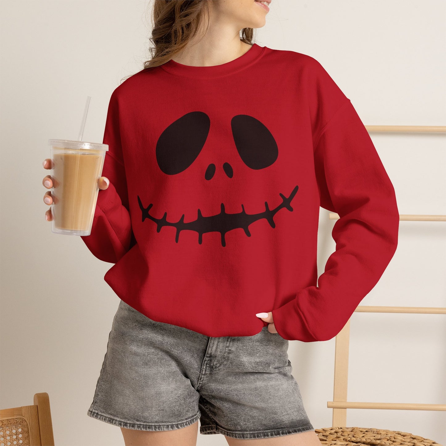 Skull Smile Crewneck Sweatshirt — Minimal Halloween Jack-O'-Lantern Face