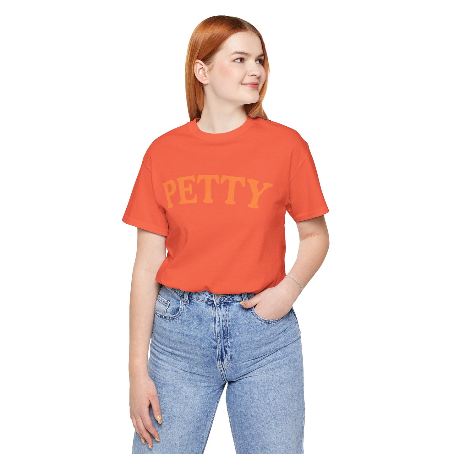 Petty Script Tee | Coral T-shirt with Orange 'PETTY' Chest Text