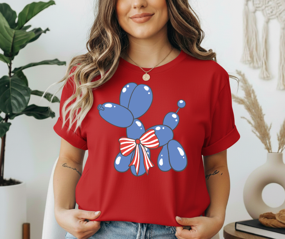 Patriotic Blue Balloon Dog Tee — Fourth of July USA Ribbon T-Shirt