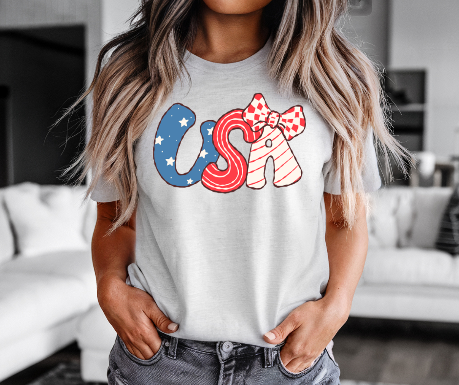 USA Letters with Bow Tee | Patriotic Fourth of July American Flag Shirt