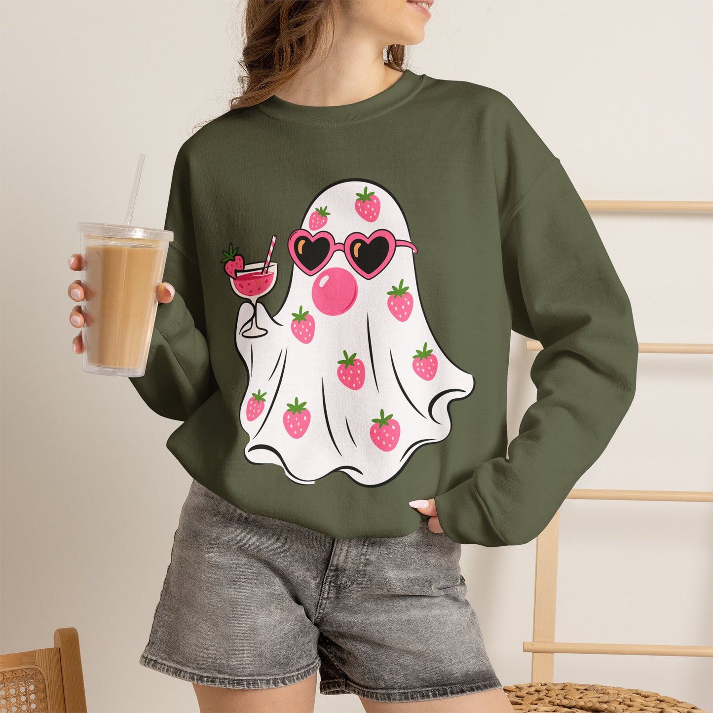 Strawberry Ghost Sunglasses Crewneck Sweatshirt | Summer Fruit Boo Graphic