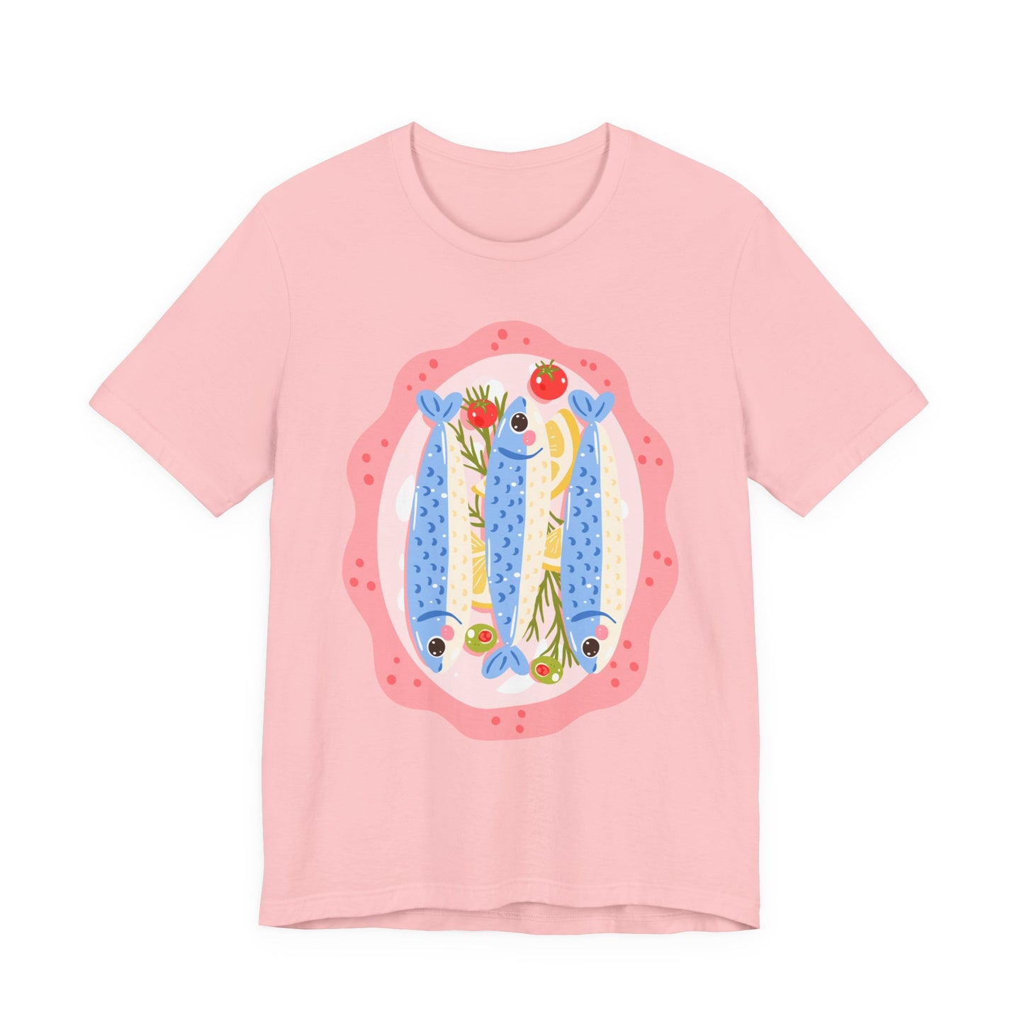 Playful Sardines Illustration T-Shirt | Fish Art, Nautical Veggie Motif