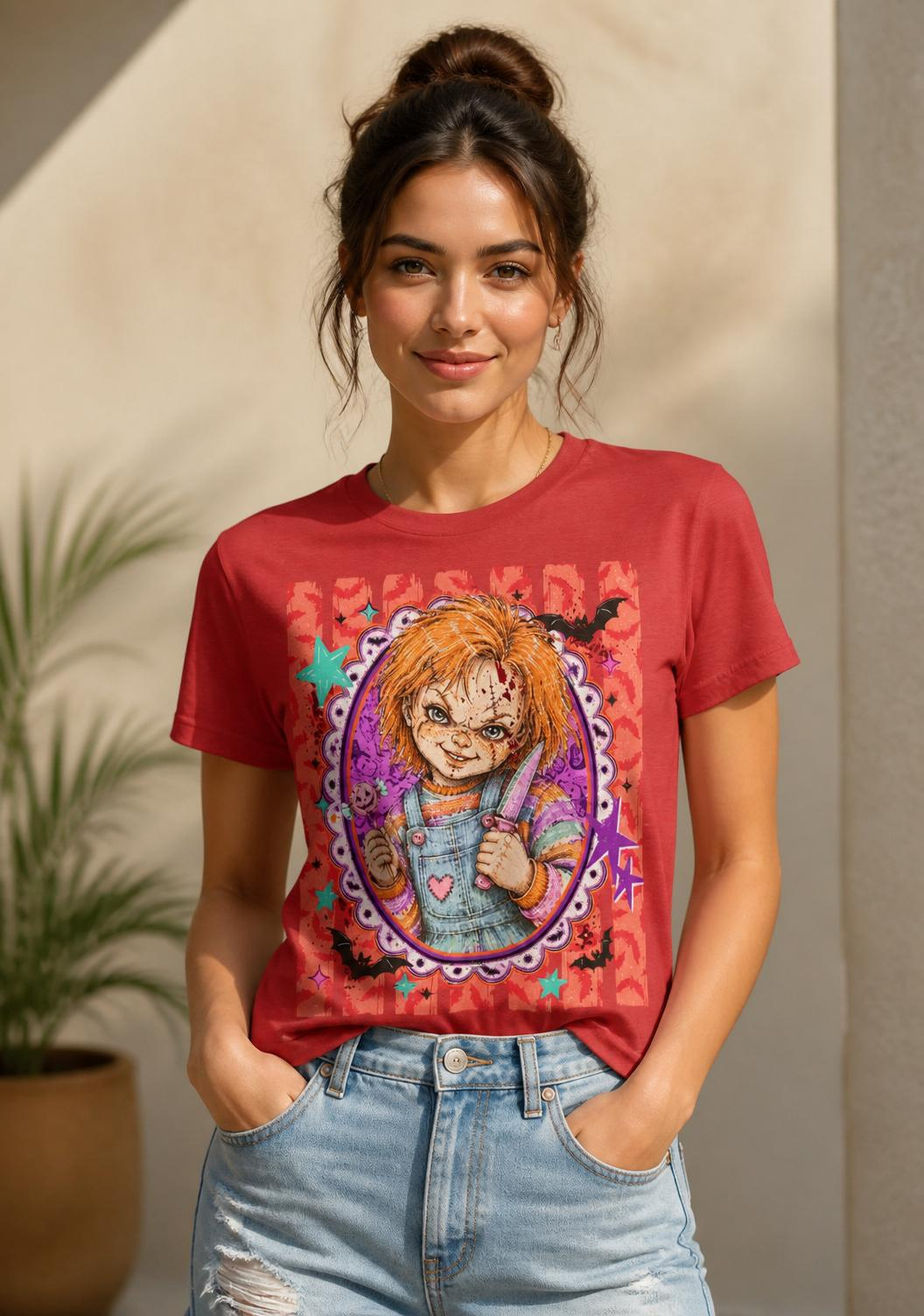 Horror Doll Graphic Tee — Cute Creepy Chucky-Inspired Design