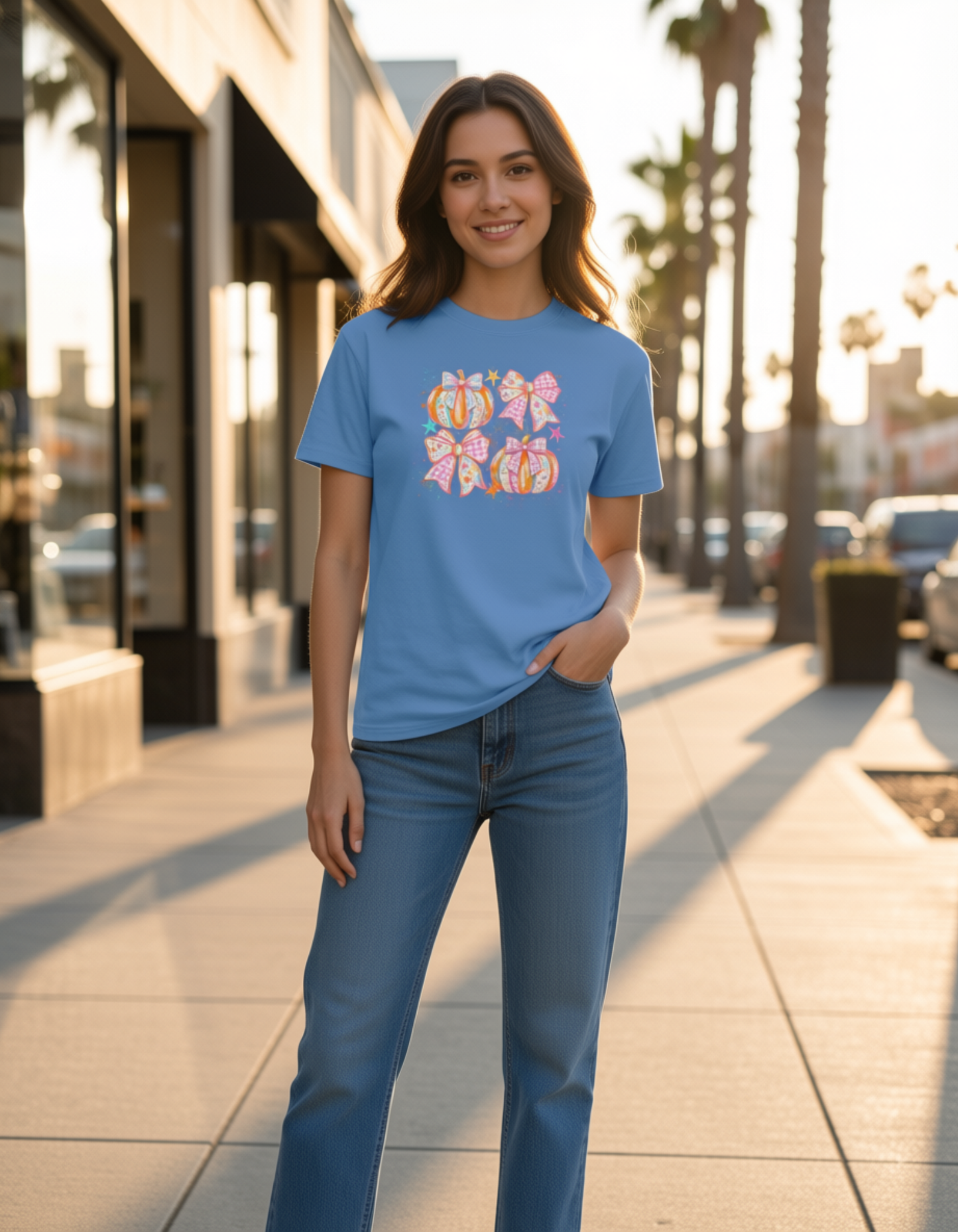 Pastal Pumpkin and Bow Unisex Fall trendy Tshirt