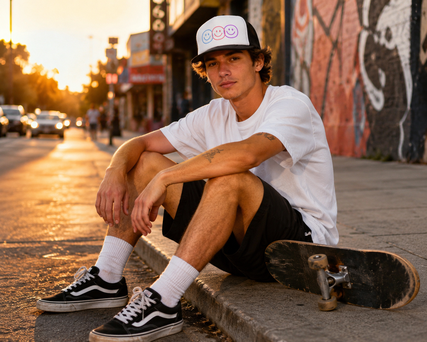 Pastel Smiley Trio Trucker Cap | Retro Happy Face Hat