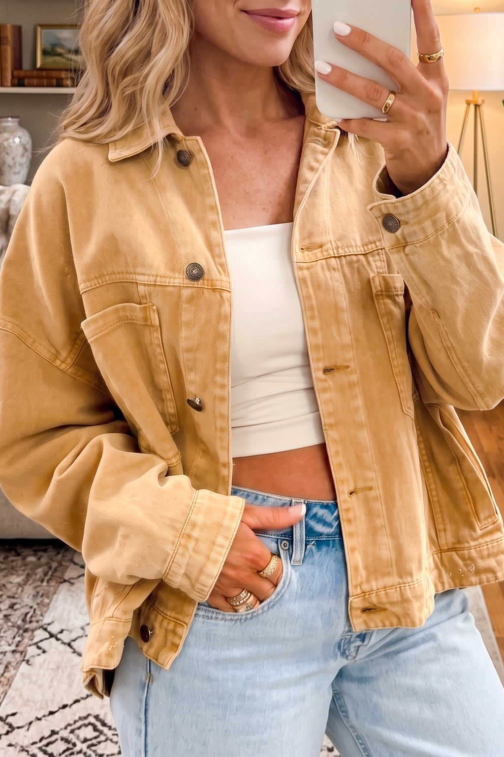 Honey gold Metal Button Front Long Sleeve Collar Denim Jacket