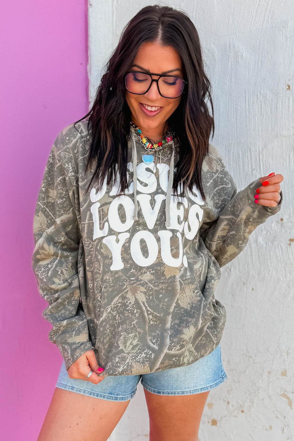 Brown Retro Camouflage Jesus Loves You Print Relaxed Hoodie