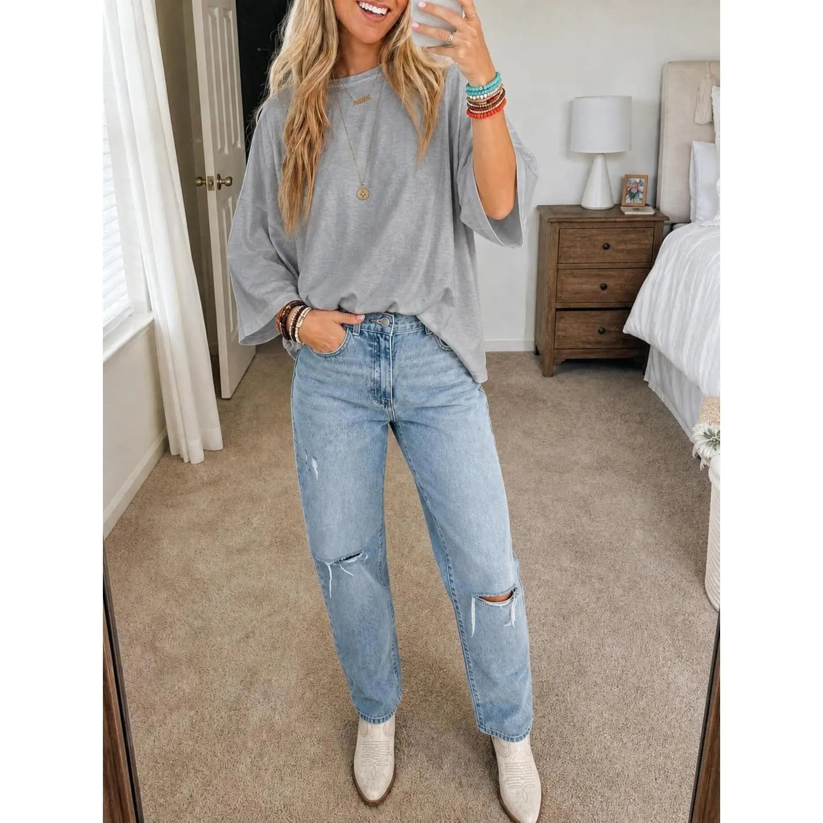 Elevate Your Casual Style with the Flowyair Women's Oversized 3/4 Sleeve T-Shirt – Perfect for Summer Relaxation!