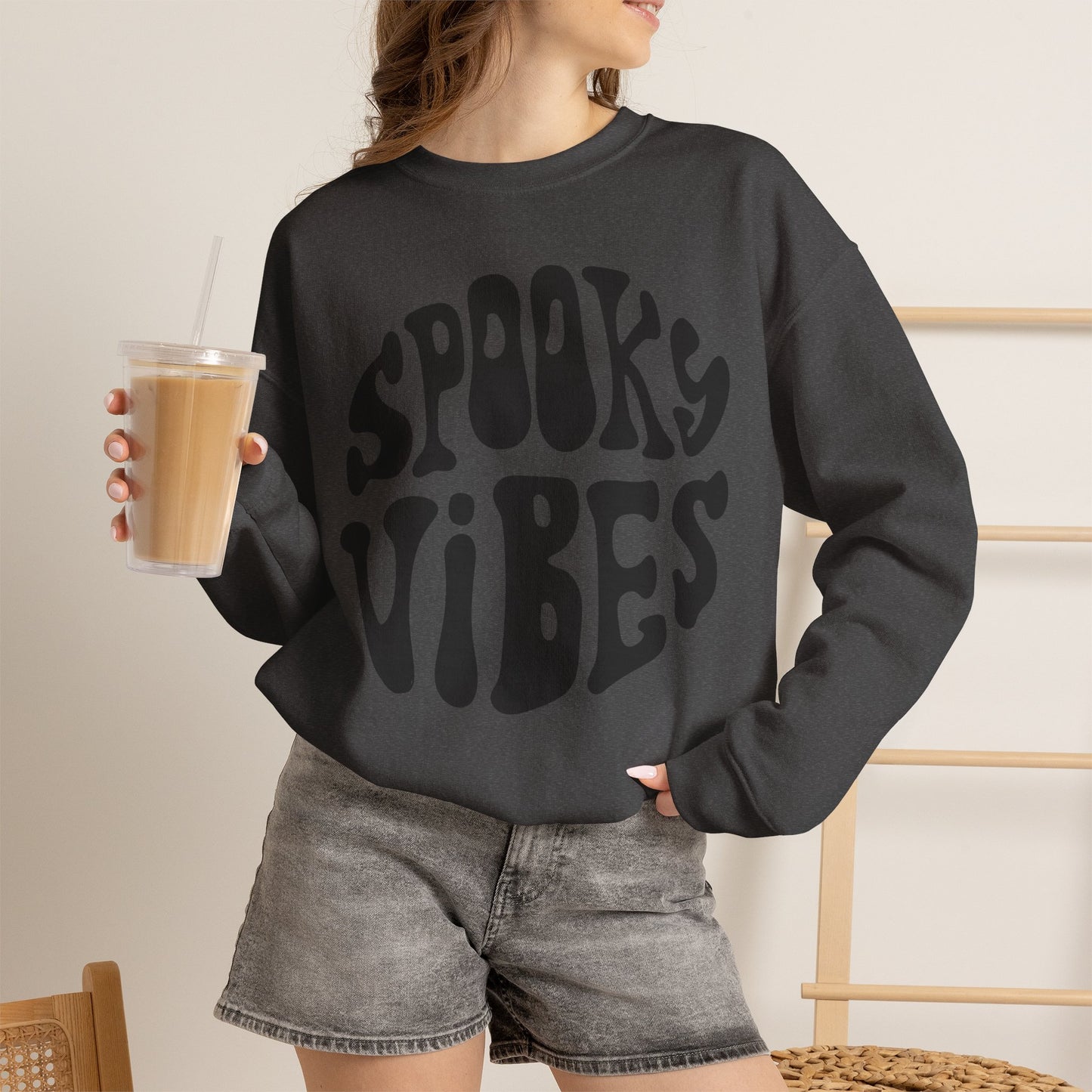 Spooky Vibes Crewneck Sweatshirt – Halloween Retro Groovy Graphic
