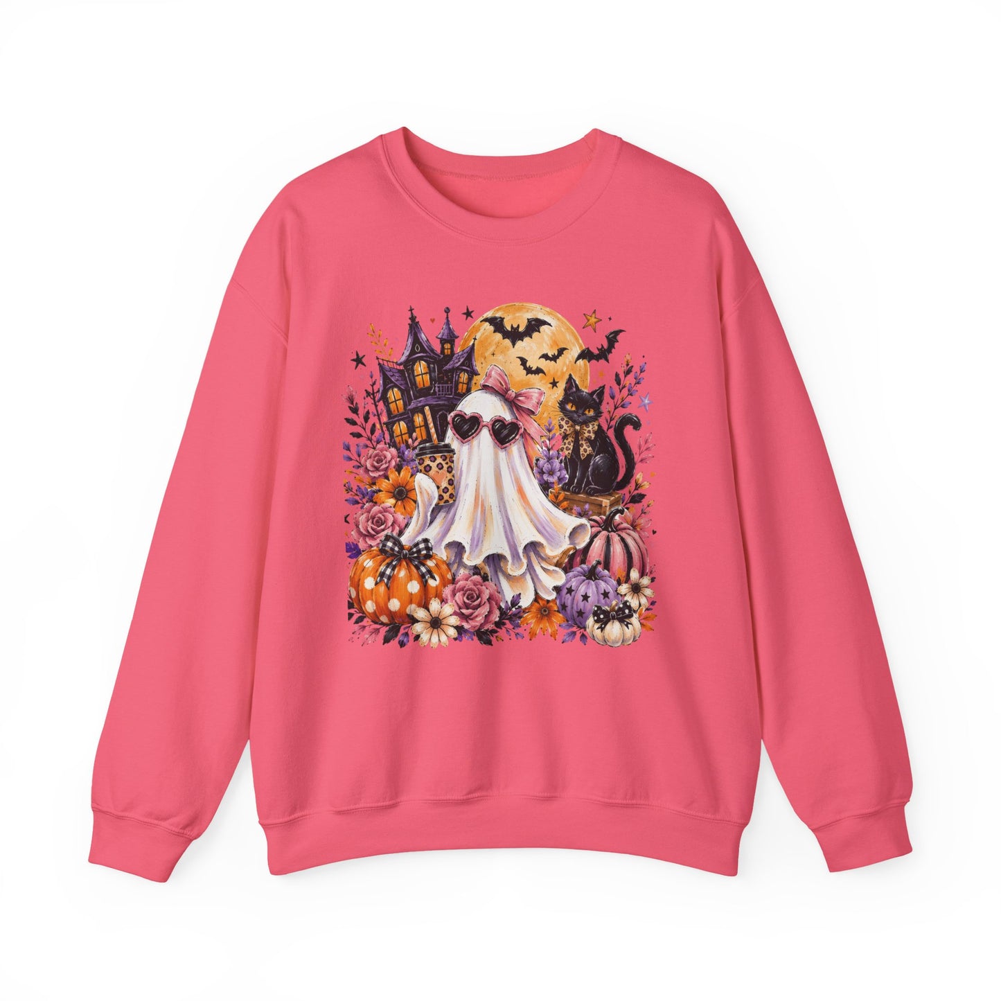 Halloween Ghost Crewneck Sweatshirt — Cute Ghost, Pumpkins & Black Cat Halloween Pullover