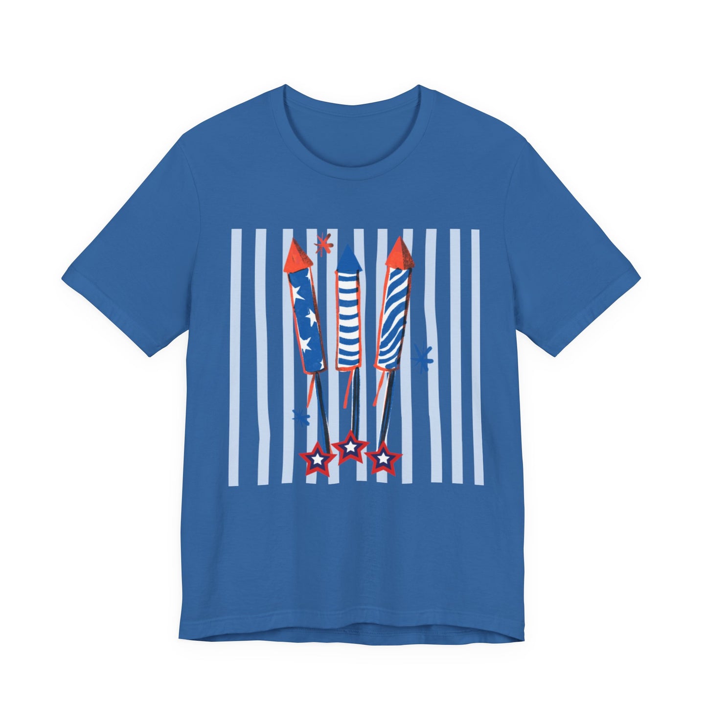 Fourth of July Fireworks Tee — Red White Blue Rocket Graphic Shirt
