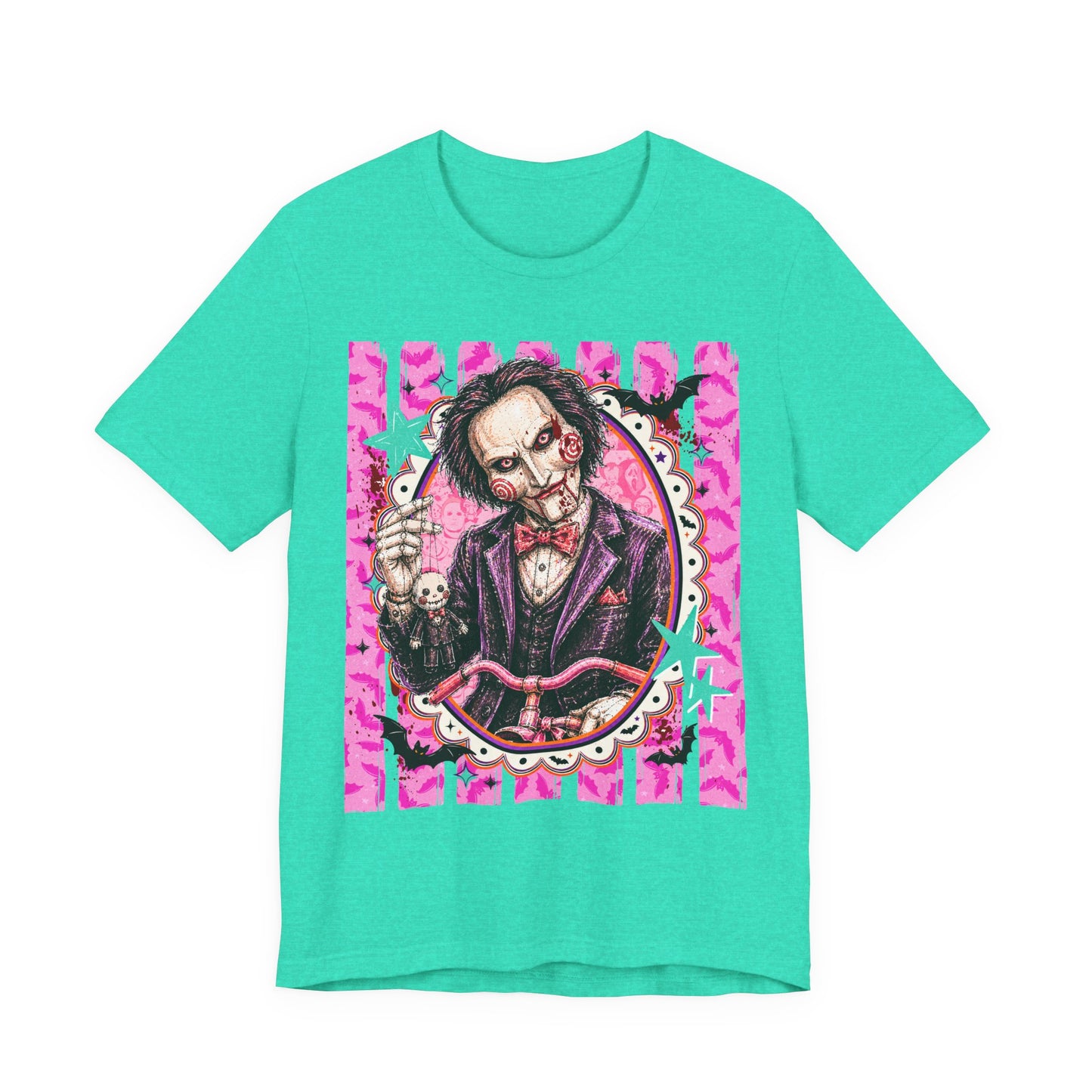 Saw Puppet Graphic Tee — Retro Pink Horror Movie T-Shirt