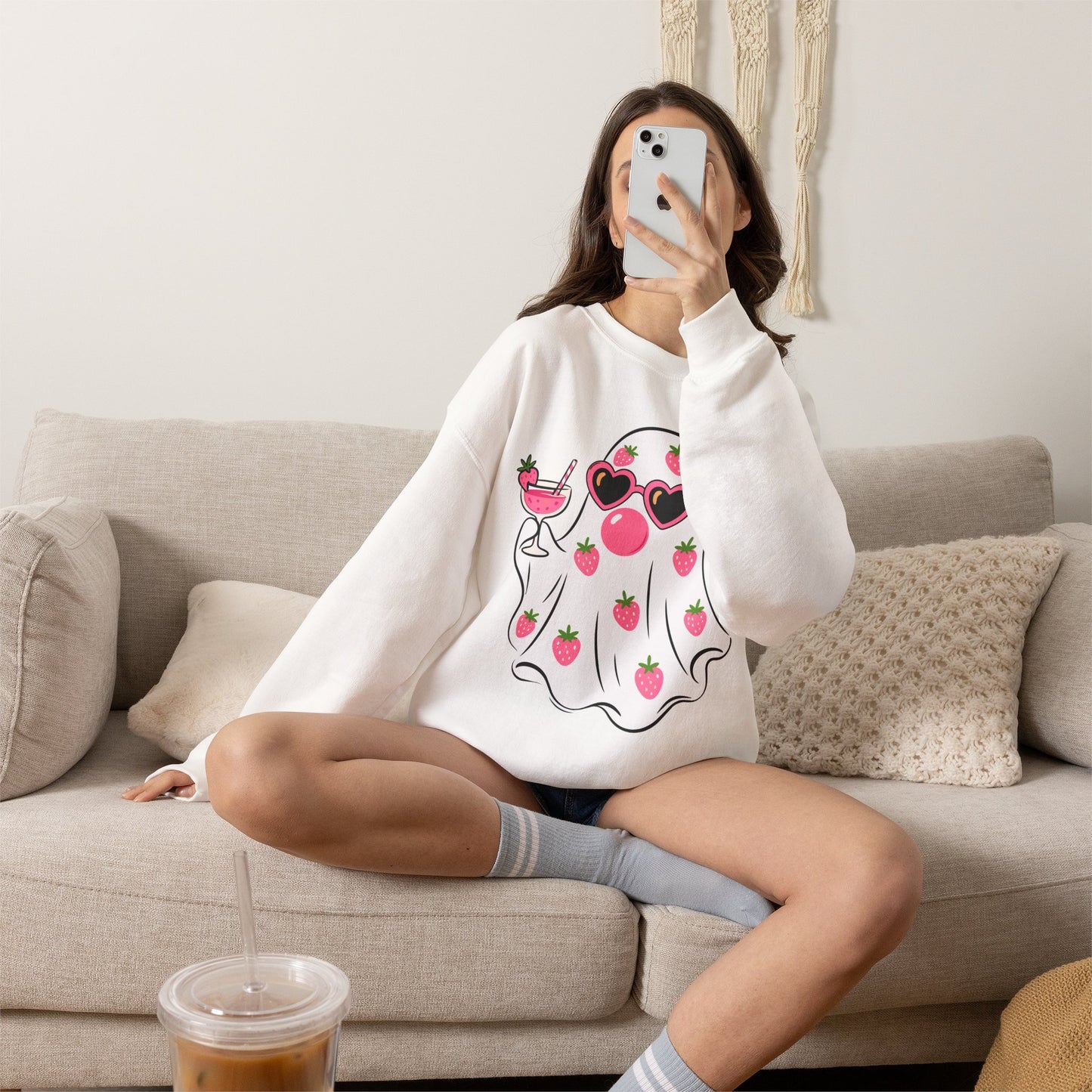 Strawberry Ghost Sunglasses Crewneck Sweatshirt | Summer Fruit Boo Graphic