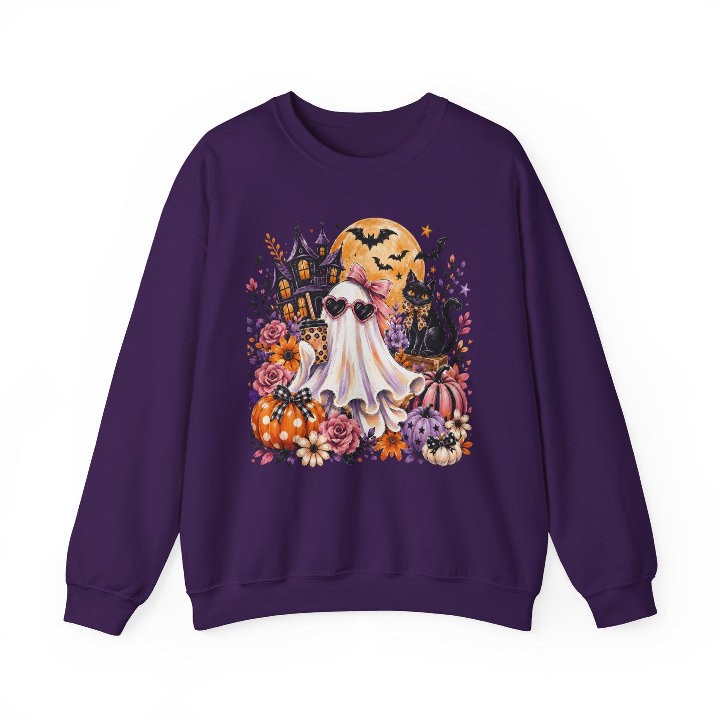 Halloween Ghost Crewneck Sweatshirt — Cute Ghost, Pumpkins & Black Cat Halloween Pullover