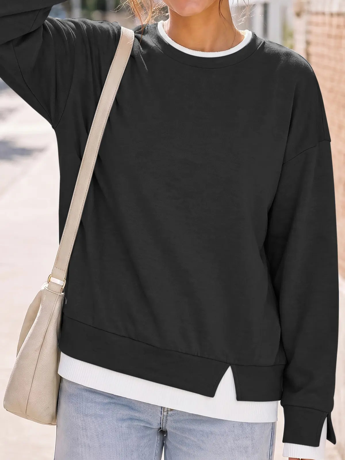 Fisoew Women'S Fake Two Piece Layered Sweatshirt, Crew Neck White Ribbed Cuff & Hem Patchwork Drop Shoulder Oversized Long Sleeve Pullover Top Hoodie Hoodie Fit Casual