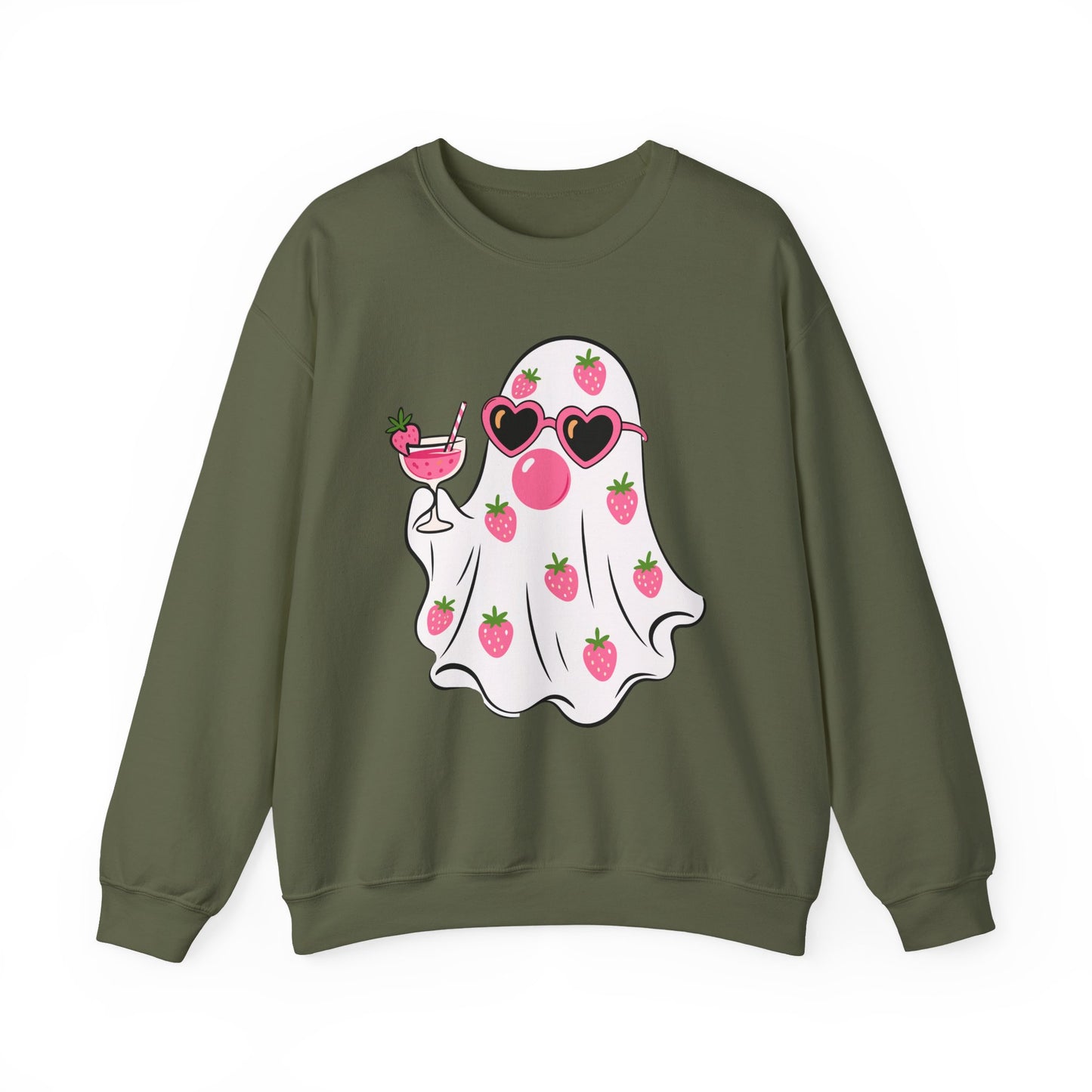 Strawberry Ghost Sunglasses Crewneck Sweatshirt | Summer Fruit Boo Graphic