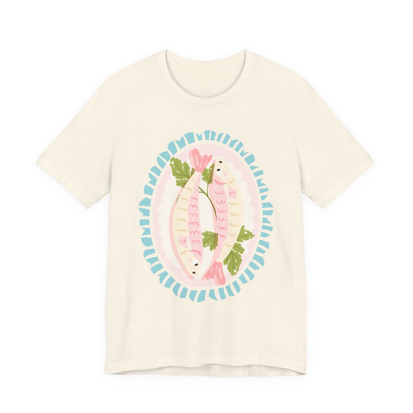 Pink Sardine Platter Illustration T-Shirt | Cute Aquatic Creature Tee, Floral Frame