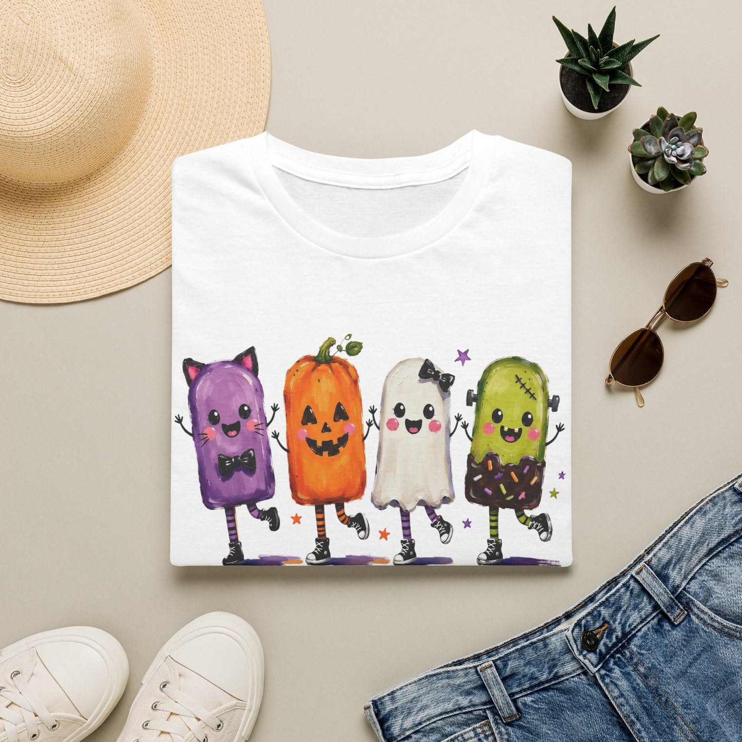 Halloween Popsicle Crew T-Shirt — Cute Dancing Pumpkin, Ghost & Candy Characters