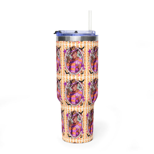 40oz Halloween Freddy Krueger Tumbler — Retro Orange Striped Vacuum Insulated Cup