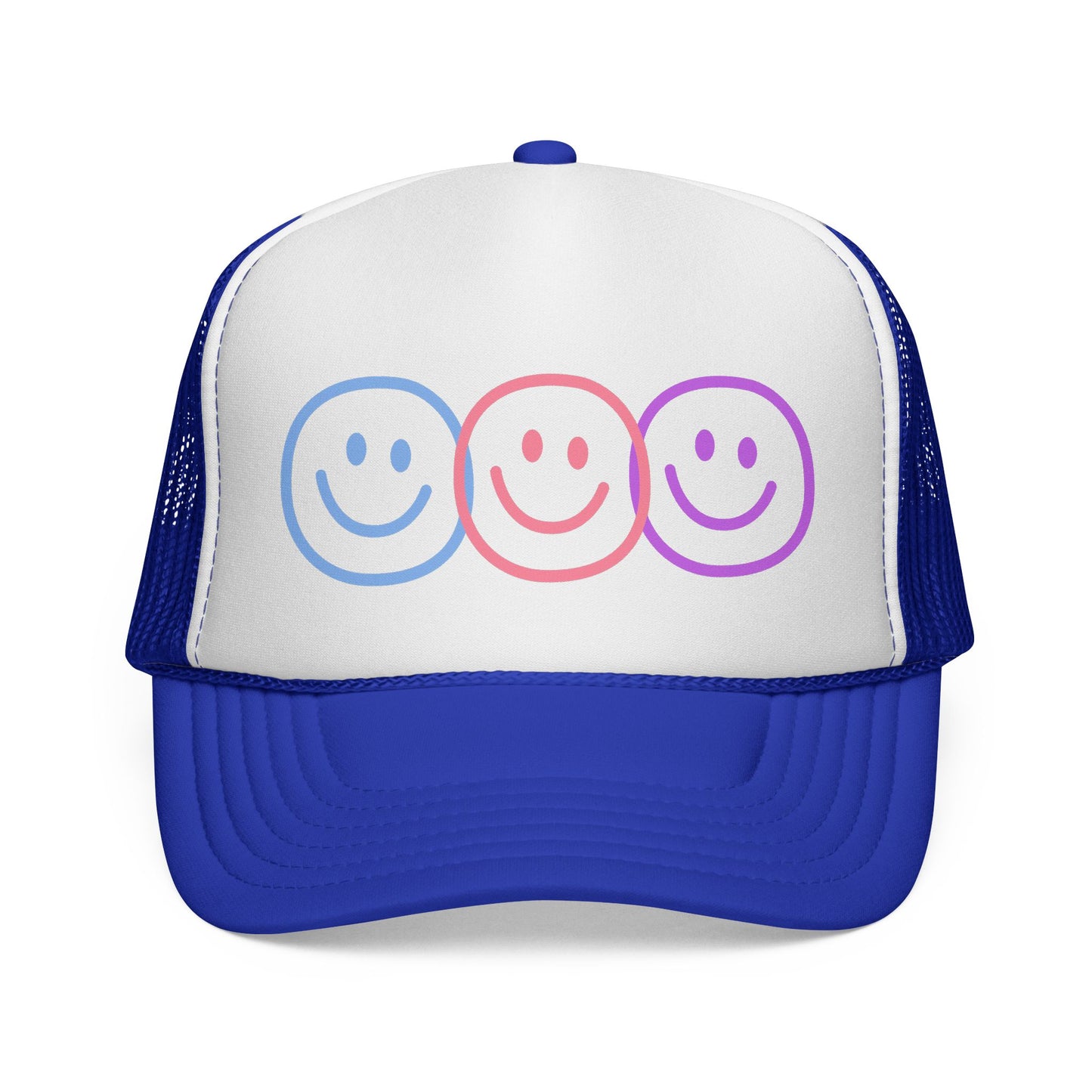 Pastel Smiley Trio Trucker Cap | Retro Happy Face Hat