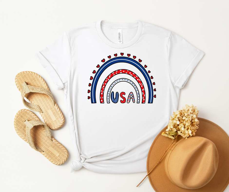 USA Rainbow T-Shirt — Patriotic 4th of July Tee with Hearts
