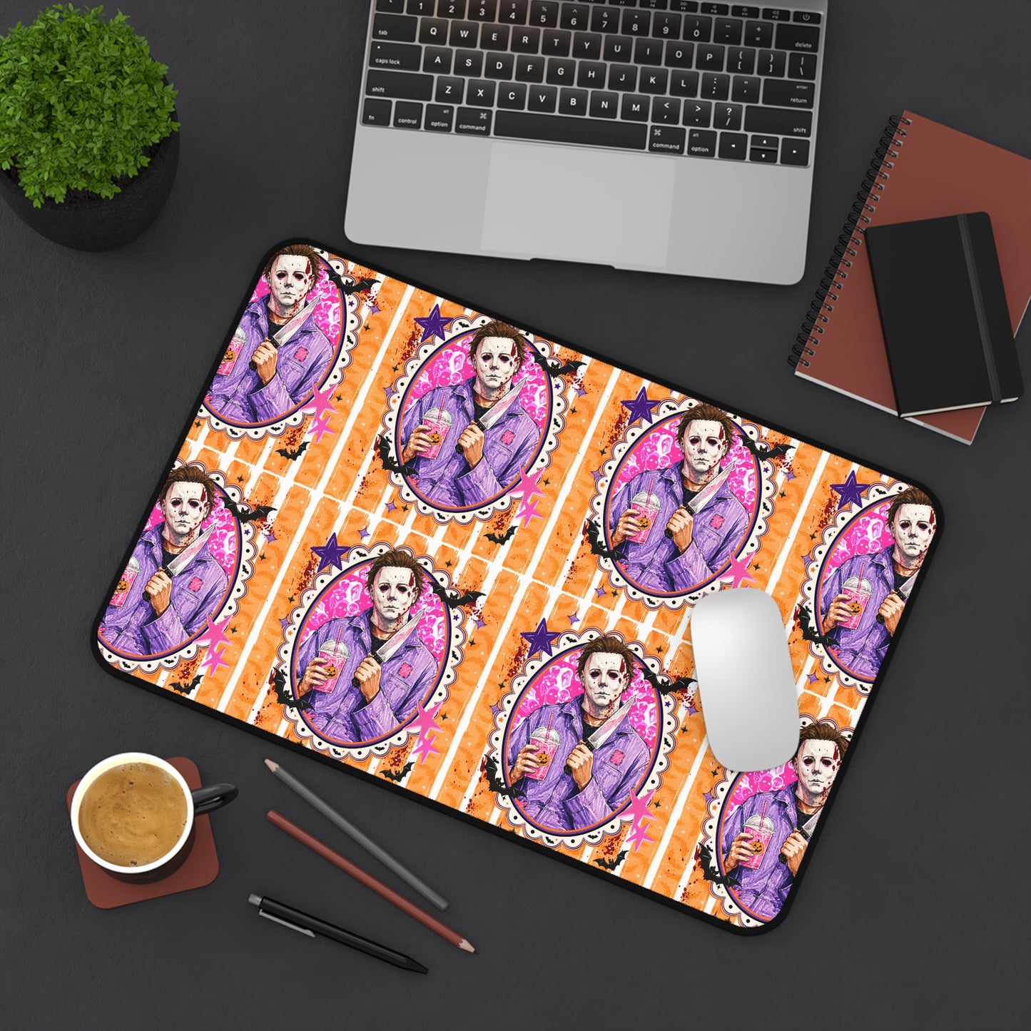Horror Coffee Desk Mat — Michael Mask Patterned Gamer Desk Pad