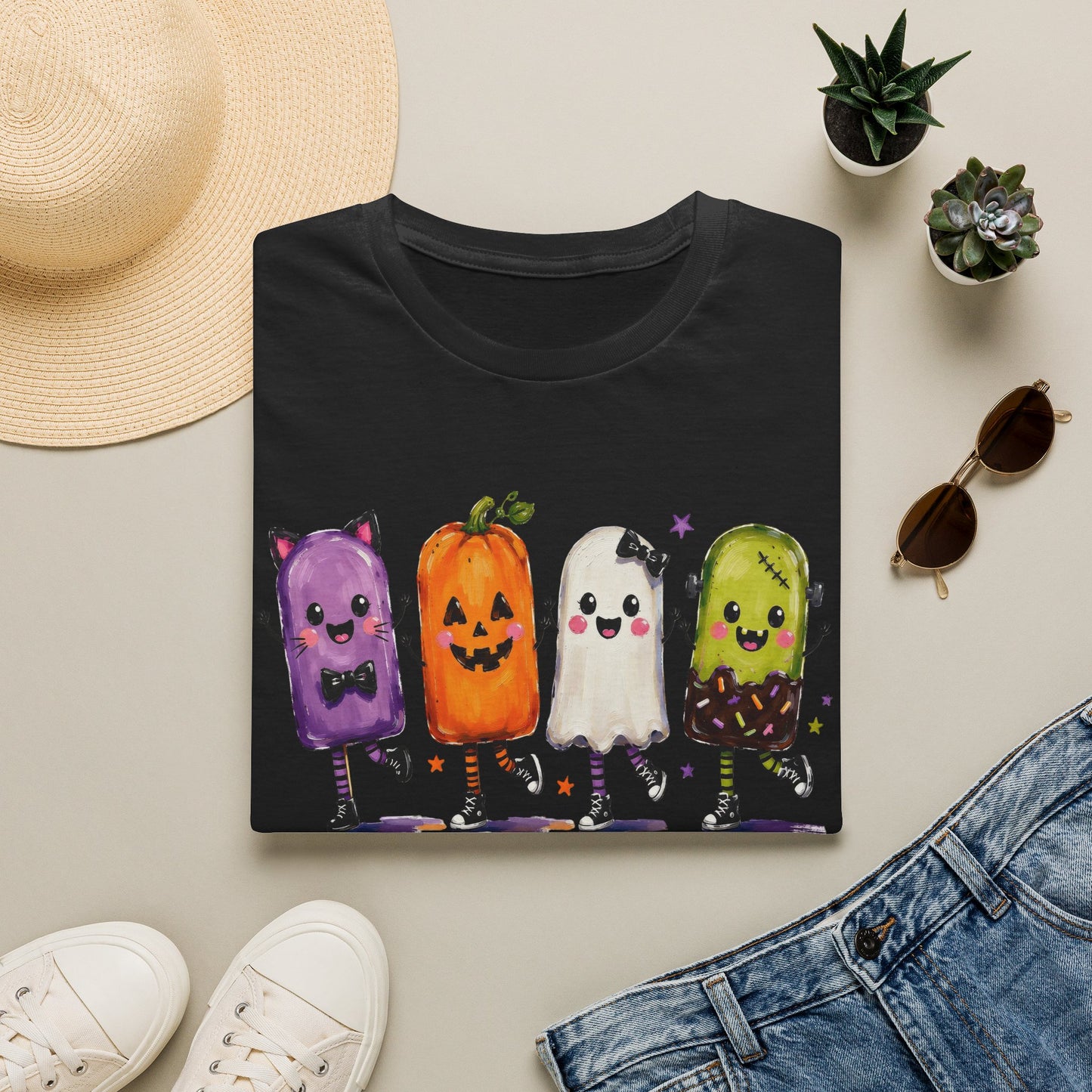 Halloween Popsicle Crew T-Shirt — Cute Dancing Pumpkin, Ghost & Candy Characters