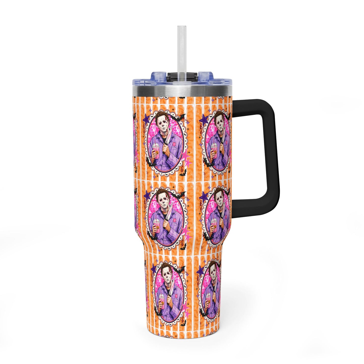 40oz Halloween Michael Myers Tumbler — Retro Orange Striped Vacuum Insulated Cup