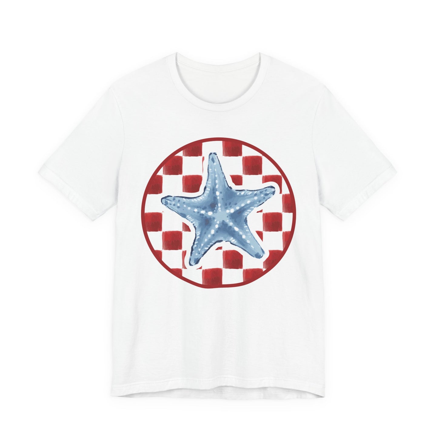 Blue Starfish on Red Check Circle T-Shirt | Nautical Beach Tee