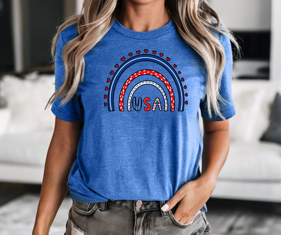USA Rainbow T-Shirt — Patriotic 4th of July Tee with Hearts