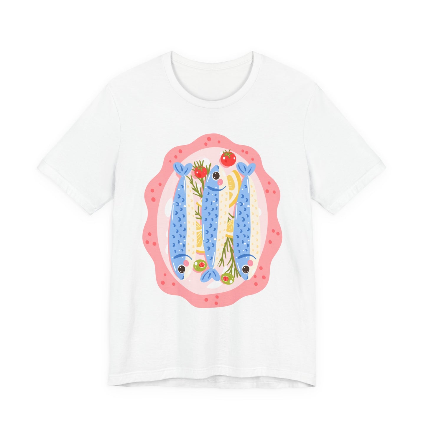 Playful Sardines Illustration T-Shirt | Fish Art, Nautical Veggie Motif