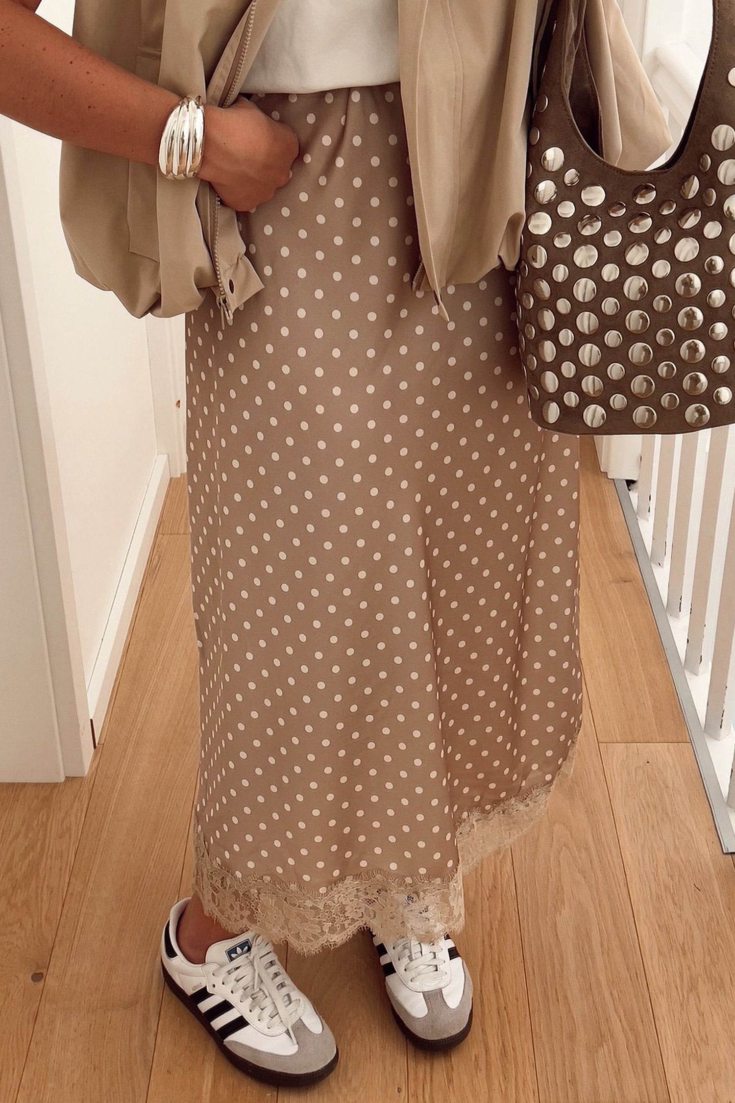 Khaki Polka Dot Lace Hem Elegant Long Shift Skirt