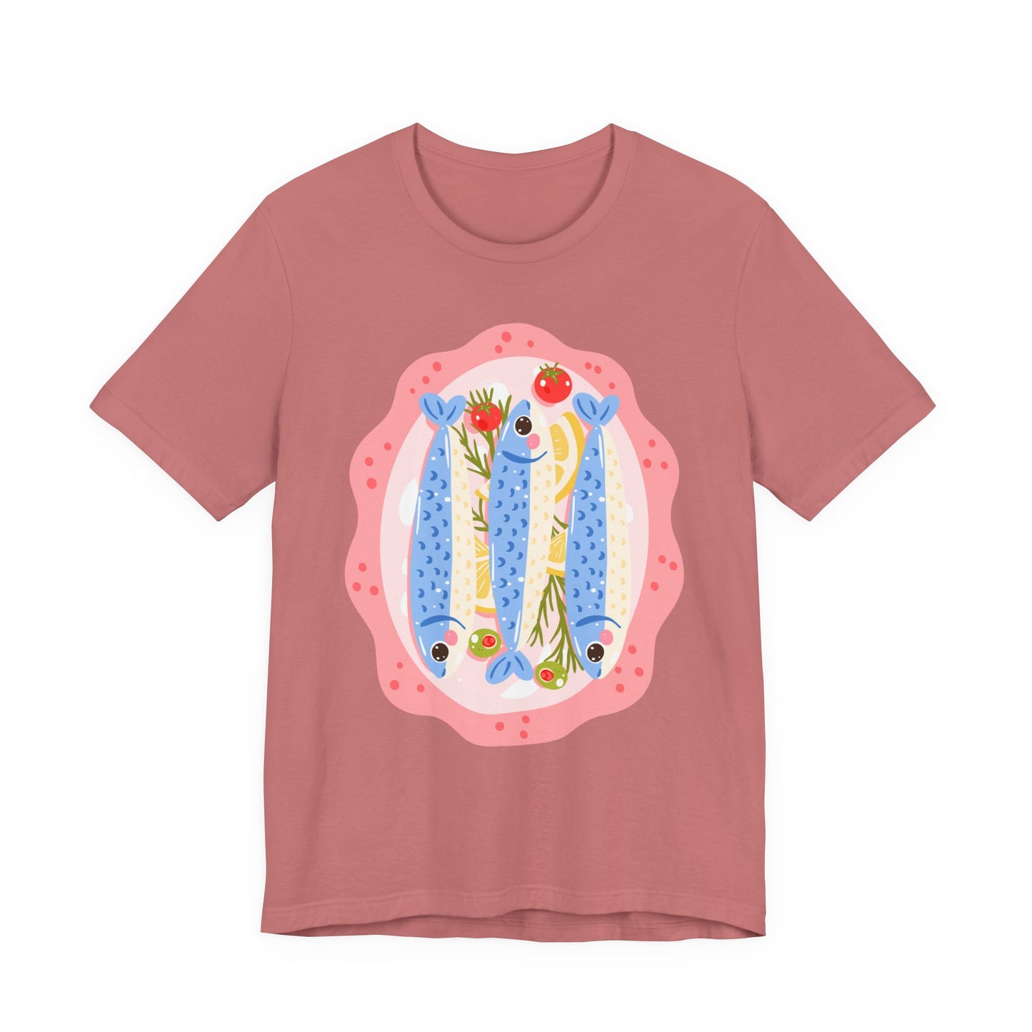 Playful Sardines Illustration T-Shirt | Fish Art, Nautical Veggie Motif