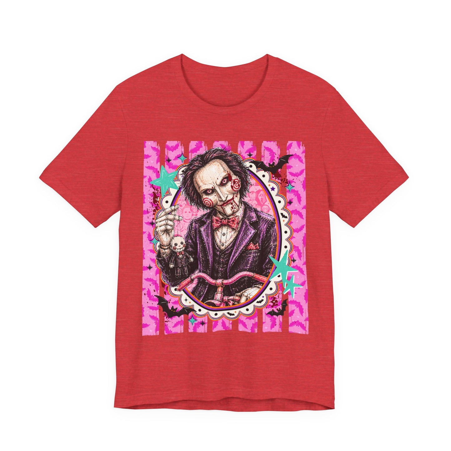 Saw Puppet Graphic Tee — Retro Pink Horror Movie T-Shirt