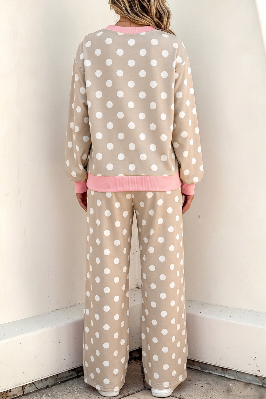 Khaki Polka Dot Contrast Trim Long Sleeve Top Drawstring Shift Pants Set