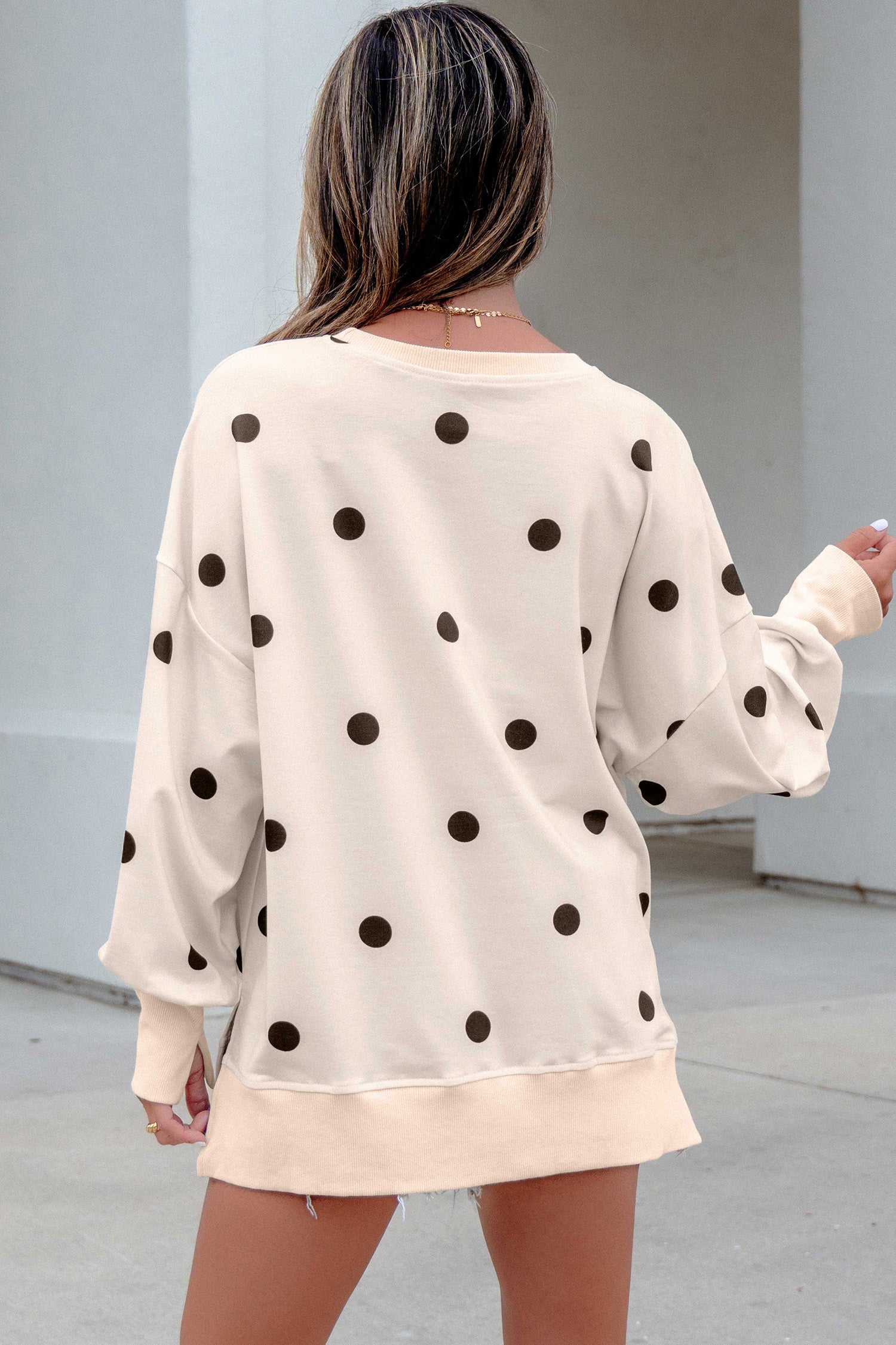 Yellow Polka Dot Loose Long Sleeve Split Hem Pullover Top
