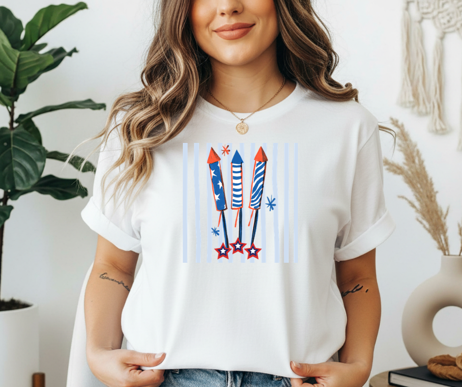 Fourth of July Fireworks Tee — Red White Blue Rocket Graphic Shirt