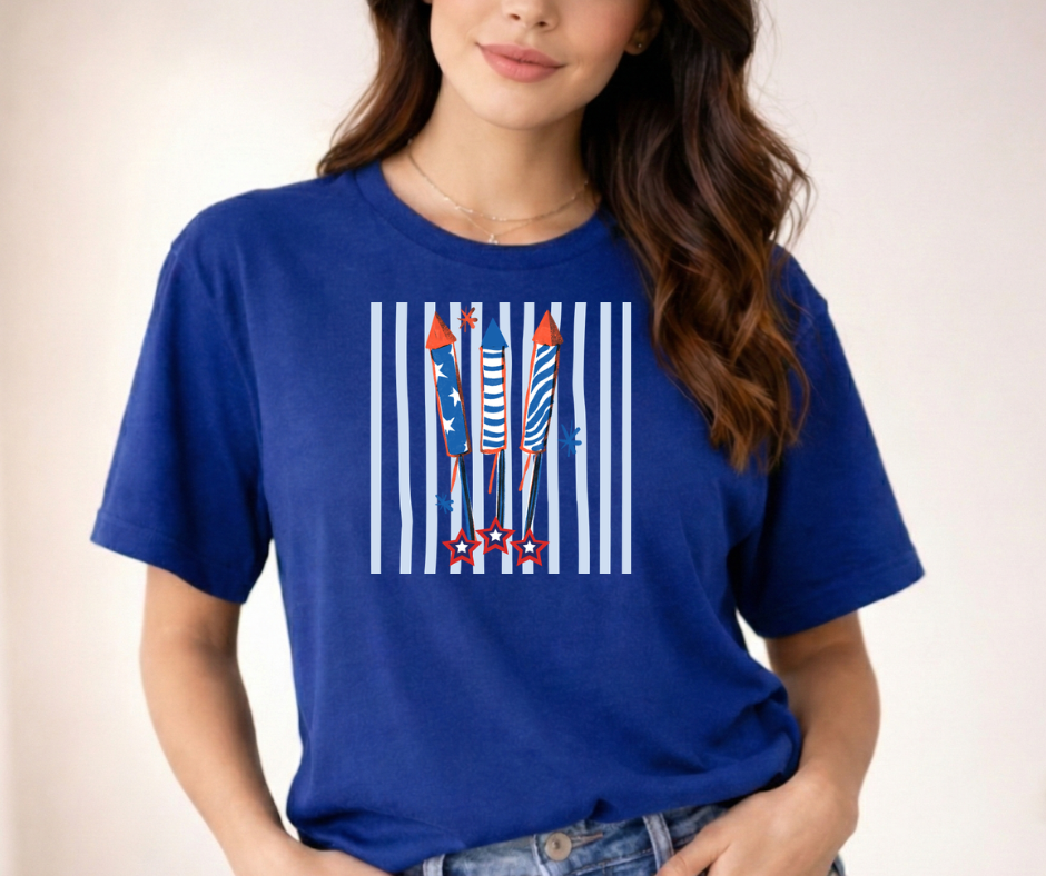 Fourth of July Fireworks Tee — Red White Blue Rocket Graphic Shirt