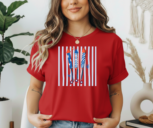 Fourth of July Fireworks Tee — Red White Blue Rocket Graphic Shirt
