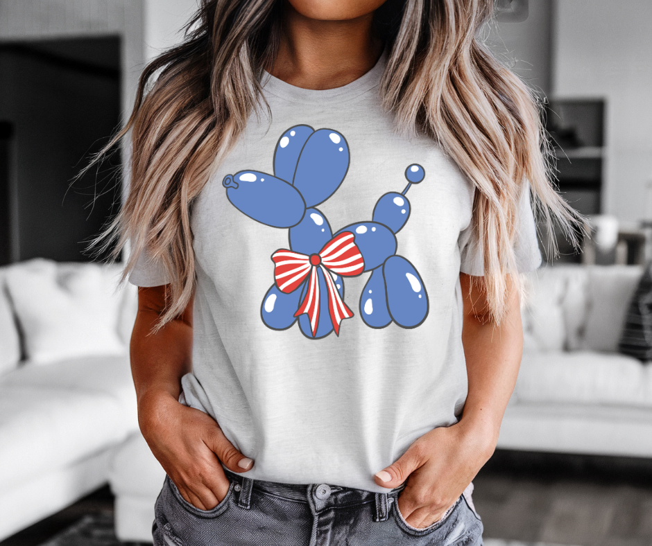 Patriotic Blue Balloon Dog Tee — Fourth of July USA Ribbon T-Shirt
