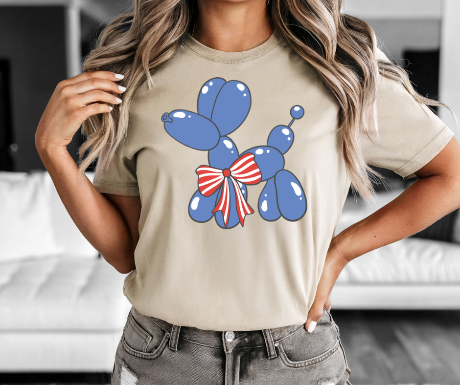 Patriotic Blue Balloon Dog Tee — Fourth of July USA Ribbon T-Shirt