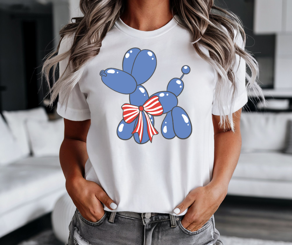 Patriotic Blue Balloon Dog Tee — Fourth of July USA Ribbon T-Shirt
