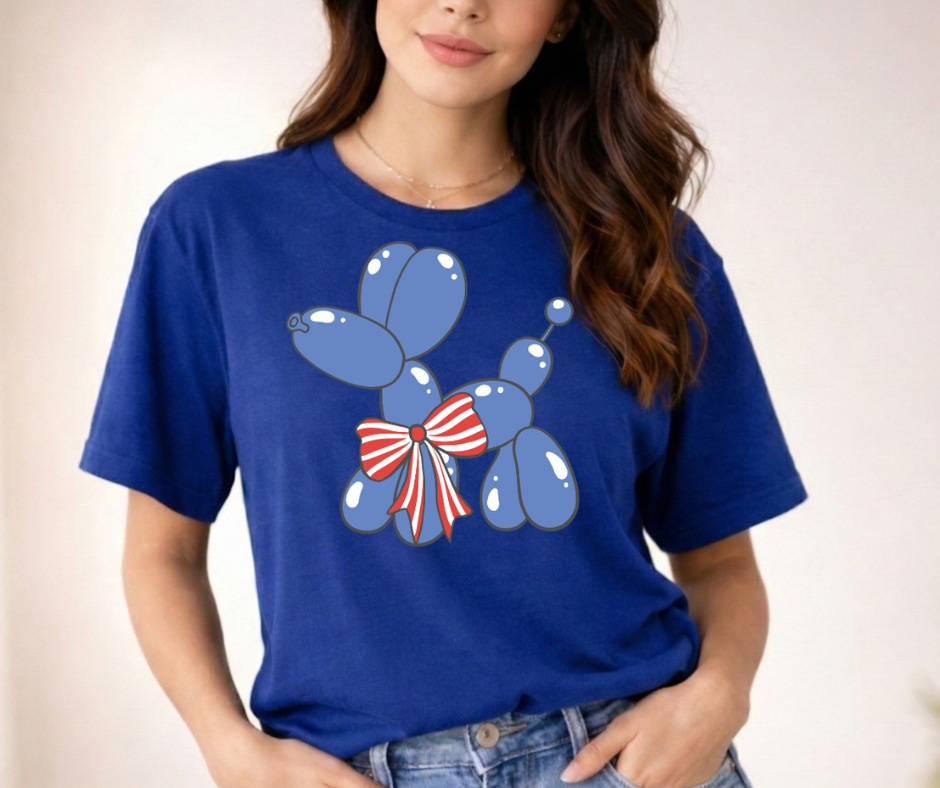 Patriotic Blue Balloon Dog Tee — Fourth of July USA Ribbon T-Shirt