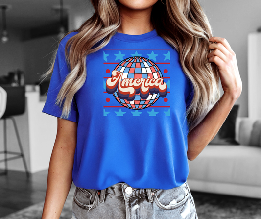 America retro disco globe Tee | Patriotic stars red white blue