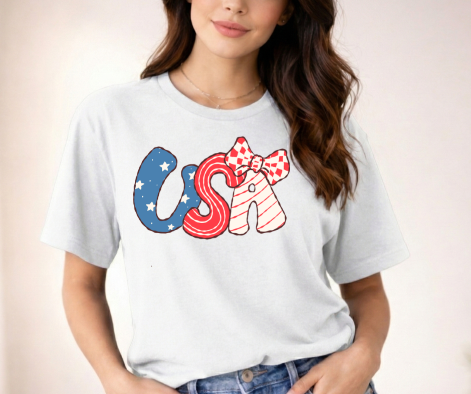 USA Letters with Bow Tee | Patriotic Fourth of July American Flag Shirt