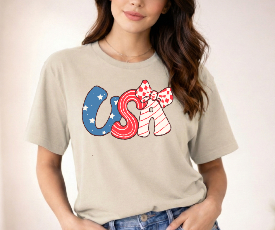 USA Letters with Bow Tee | Patriotic Fourth of July American Flag Shirt