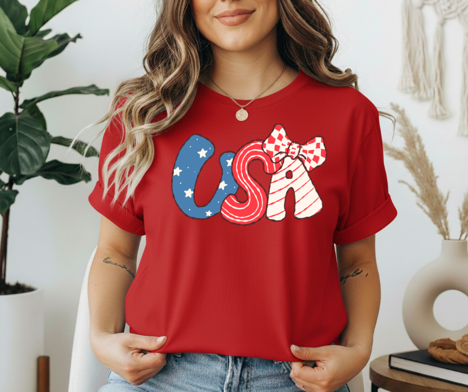 USA Letters with Bow Tee | Patriotic Fourth of July American Flag Shirt