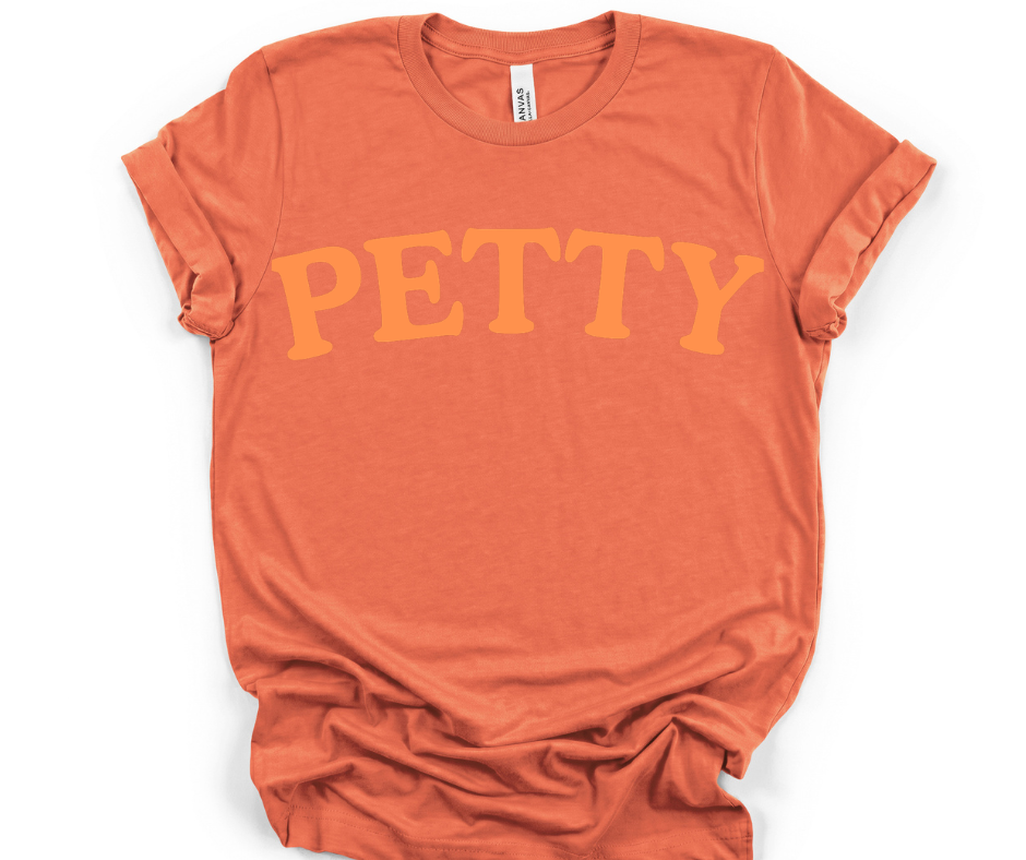 Petty Script Tee | Coral T-shirt with Orange 'PETTY' Chest Text