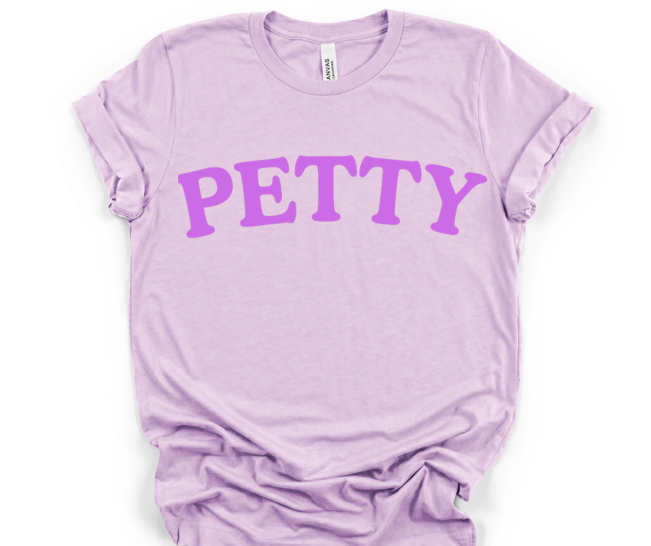 Petty text tee | T-Shirt, Lilac arched lettering